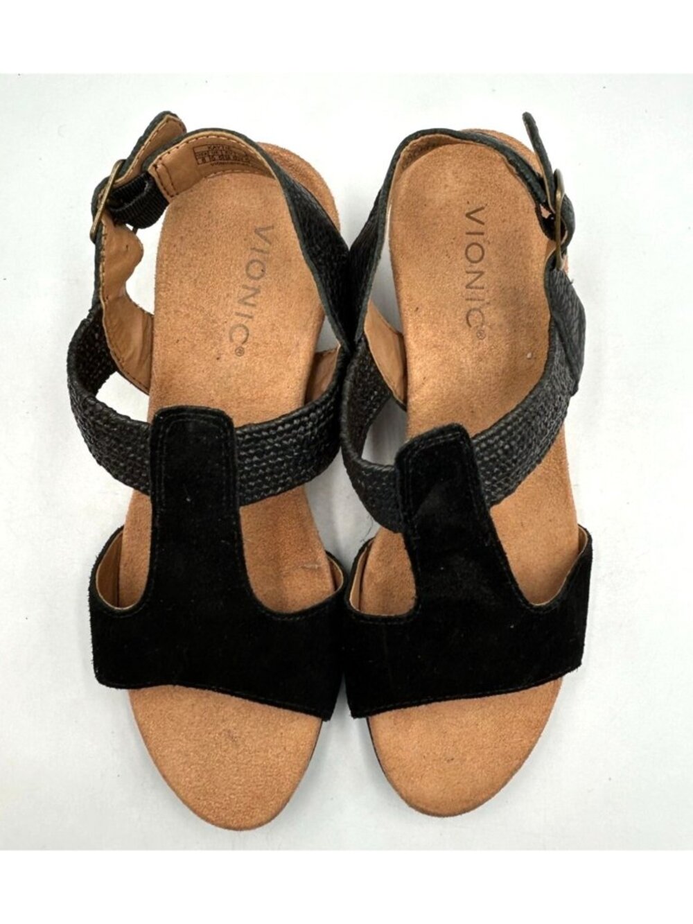 Vionic Women's Black Suede Kaytie T-Strap Cork Wedge Sandals Size 8 3522 - Picture 6 of 16
